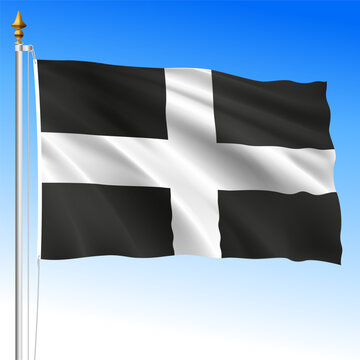 United Kingdom, waving flag of Cornwall, vector illustration on a sky-blue background