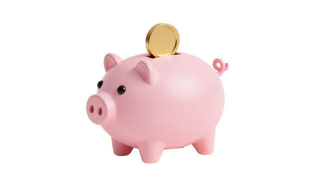 Pink ceramic piggy bank with golden coin slot coin dropping in, isolated on transparent background