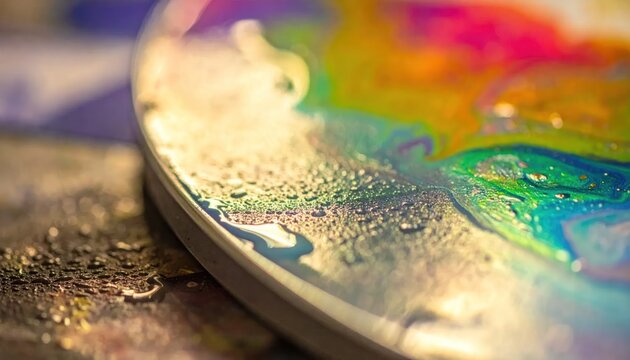 Close up of colorful iridescent surface with condensation.