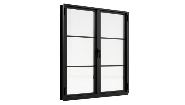 Modern black metal framed double casement window with clear glass panes, isolated on transparent background