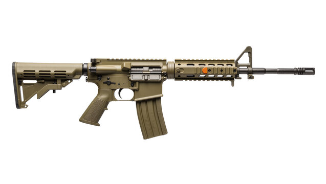 Tan assault rifle with adjustable stock and tactical rail system, isolated on transparent background