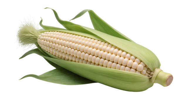 Fresh white corn cob with green husks, isolated on transparent background