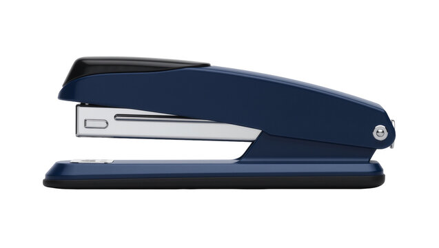 Dark blue office stapler with black grip, isolated on transparent background