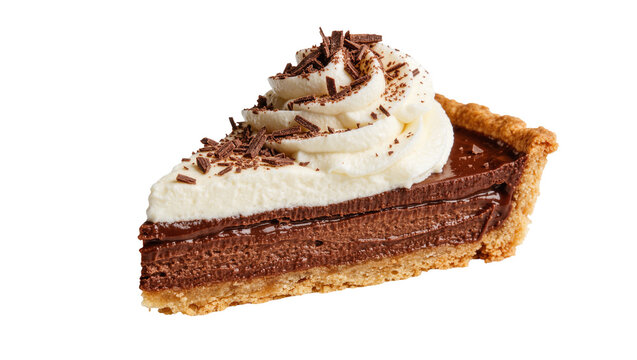 Rich chocolate pie slice with whipped cream and chocolate shavings, isolated on transparent background