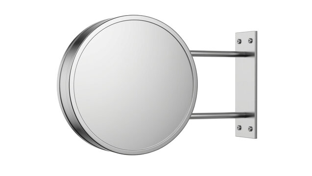 Round metal sign with brushed finish mounted on metal bracket, isolated on transparent background