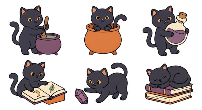Set of six cute black cats doing magical Halloween activities