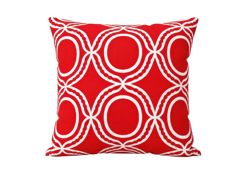 Red cushion with interlocking circles pattern sits on transparent background pillow geometric