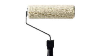Obraz premium Fluffy cream paint roller with metal frame and black handle, isolated on transparent background