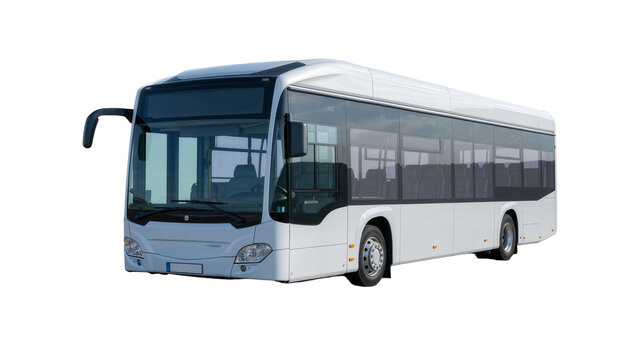 Modern white city bus with tinted windows, isolated on transparent background