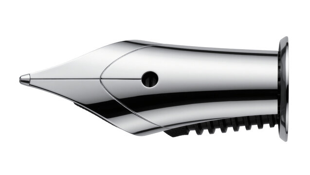 Polished chrome fountain pen nib with black feed, isolated on transparent background