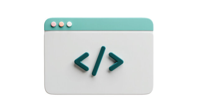 Stylized code brackets on a browser window interface, isolated on transparent background