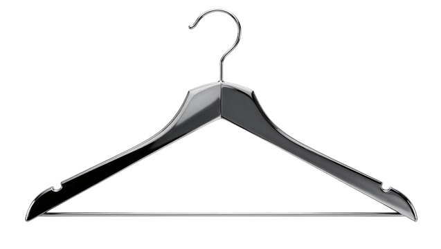 Shiny dark grey wooden clothes hanger with chrome hook, isolated on transparent background