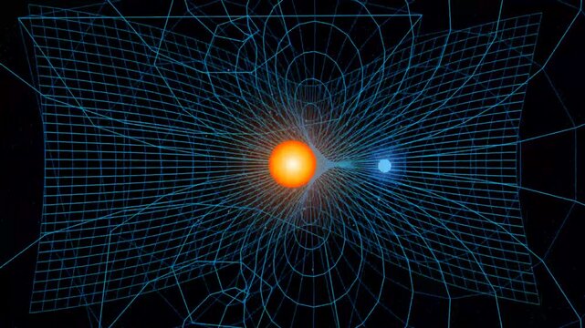 Gravitational field animation showing spacetime curvature with two orbiting celestial bodies