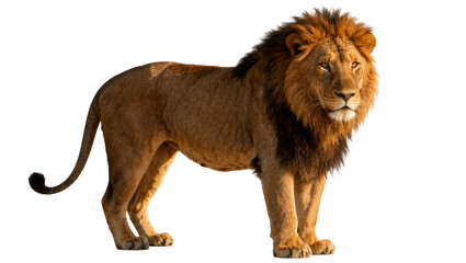Majestic male lion with full mane standing alert, isolated on transparent background © Laura