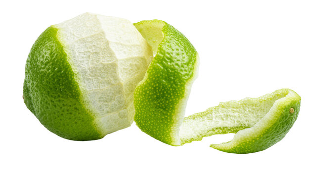 Partially peeled green lime with textured rind and white pith, isolated on transparent background