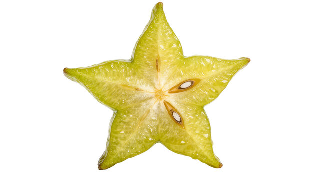 Cross section of a ripe green star fruit with visible seeds, isolated on transparent background