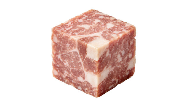 Raw cubed marbled meat with fat and lean sections, isolated on transparent background