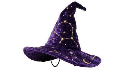 Purple velvet witch hat with gold constellation and moon details, isolated on transparent background © Luke