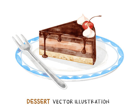 Watercolor chocolate cheesecake on white plate. Vector food illustration.