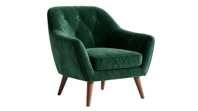 Deep green velvet armchair with tufted back and wooden legs, isolated on transparent background
