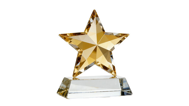 Golden crystal star trophy on clear faceted base, isolated on transparent background