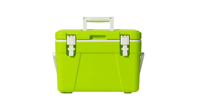 Bright green cooler box with white handle and latches, isolated on transparent background