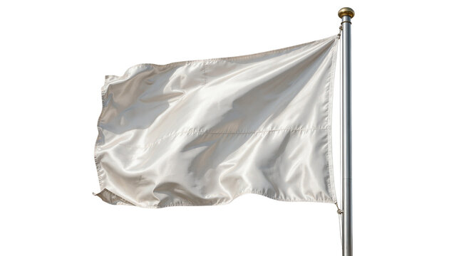 Waving white fabric flag on metal pole, isolated on transparent background