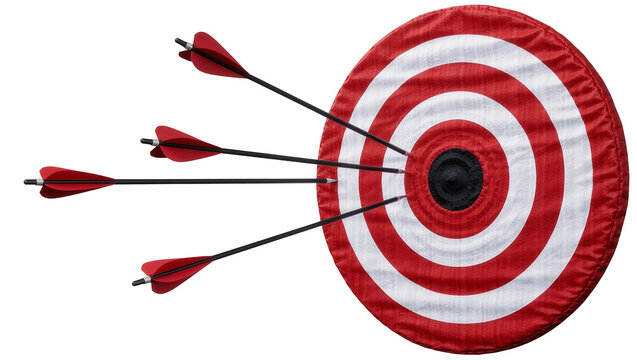 Red and white circular target with multiple red-fletched arrows stuck in it, isolated on transparent background