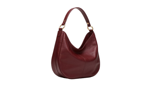 Deep red leather hobo handbag with gold hardware, isolated on transparent background