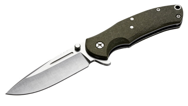 Sharp steel folding knife with textured green handle, isolated on transparent background