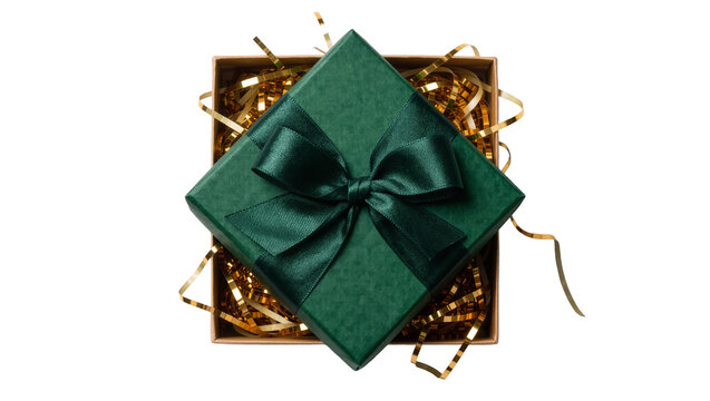 Green gift box with satin bow and gold shred filler, isolated on transparent background