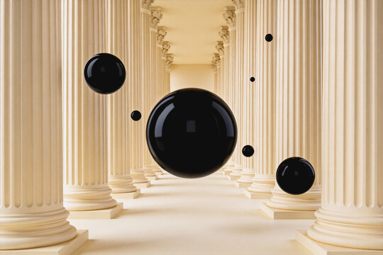 A 3D rendered scene of glossy black spheres suspended in a symmetrical classical columned interior corridor.