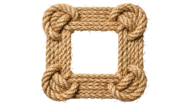 Square frame made of thick braided jute rope with nautical knots, isolated on transparent background