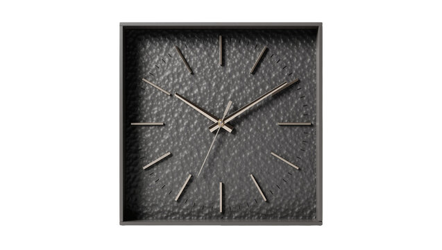 Modern square dark grey textured clock face with thin metal hands, isolated on transparent background
