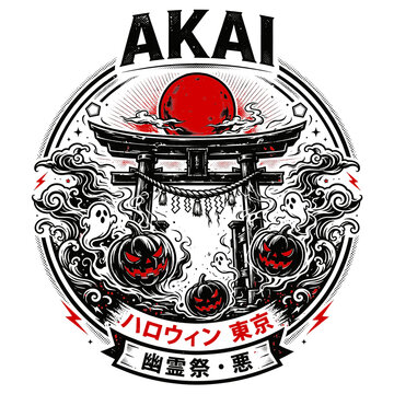 Circular Japanese Torii Gate Emblem with Red Sun and Traditional Wave