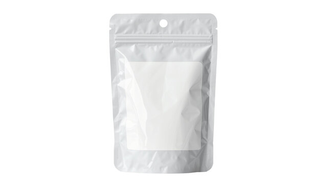 Blank white resealable pouch with clear window and hang hole, isolated on transparent background
