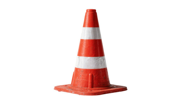 Orange and white striped traffic cone, isolated on transparent background