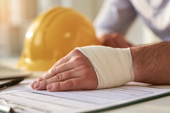 Injured construction worker with bandaged wrist resting on