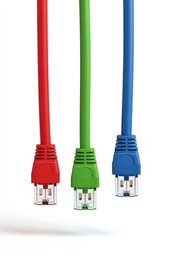 Three colorful ethernet cables hanging vertically on white