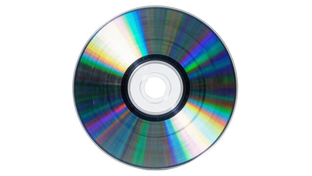 Shiny silver compact disc with rainbow spectrum reflections, isolated on transparent background
