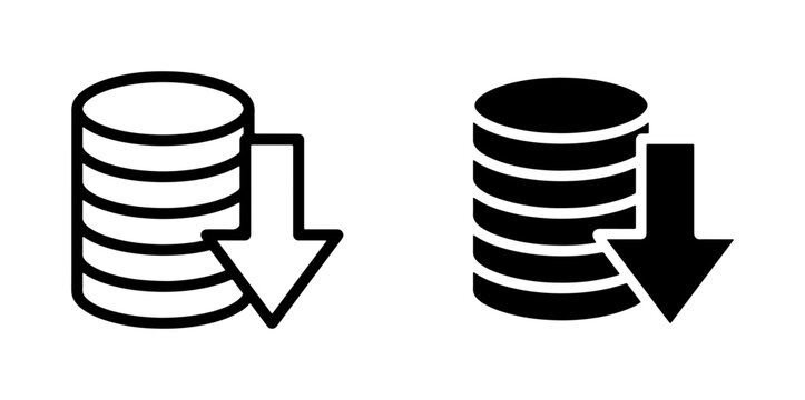 Database Down Arrow Icons, Data Storage Decline Symbols, Server Stack Decrease Graphics