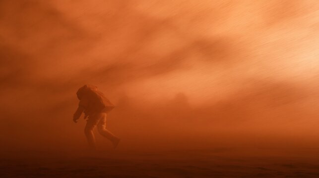 astronaut struggling through heavy orange dust storm on