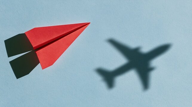 Red paper airplane casting shadow of jet aircraft