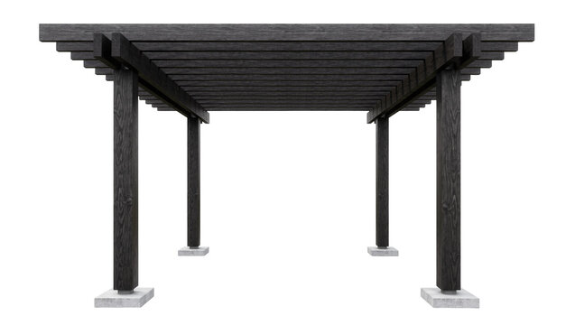 Dark wood pergola with concrete bases, isolated on transparent background