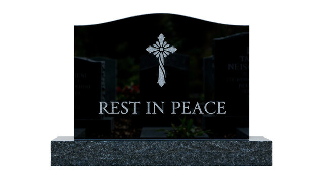 Polished black granite tombstone with engraved cross and Rest in Peace text, isolated on transparent background