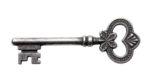 Ornate antique silver key with decorative bow, isolated on transparent background