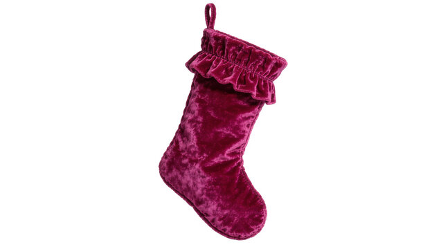 Plush velvet Christmas stocking with ruffled cuff, isolated on transparent background