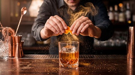 Obraz premium Professional bartender squeezing an orange peel to release essential oils over a classic cocktail with a sphere ice cube