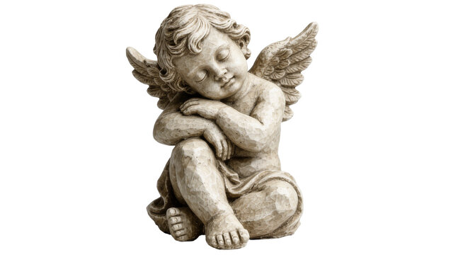 Stone cherub statue sleeping peacefully, isolated on transparent background