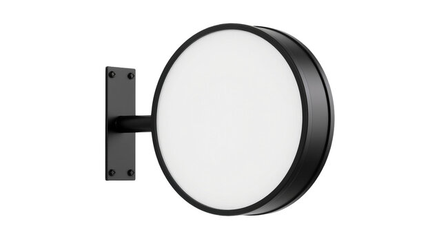 Circular black metal sign with white illuminated face, isolated on transparent background